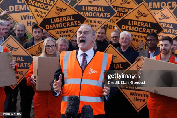 The Liberal Democrat party leader Ed Davey arrives to speak to supporters on January 03, 2024 in Guildford, England. Ed Davey revealed a new campaign...