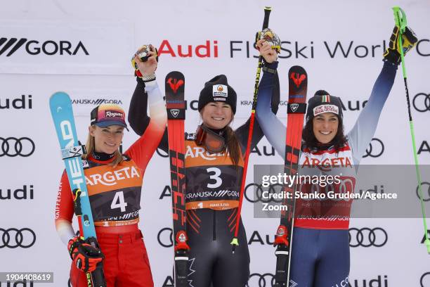 Lara Gut-behrami of Team Switzerland takes 2nd place, Valerie Grenier of Team Canada takes 1st place, Federica Brignone of Team Italy takes 3rd place...