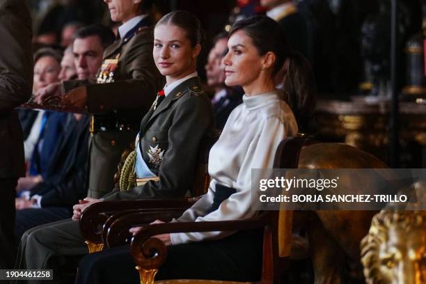 Spanish Crown Princess of Asturias Leonor and her mother Queen Letizia attend the 'Pascua Militar' military ceremony at the Royal Palace in Madrid on...