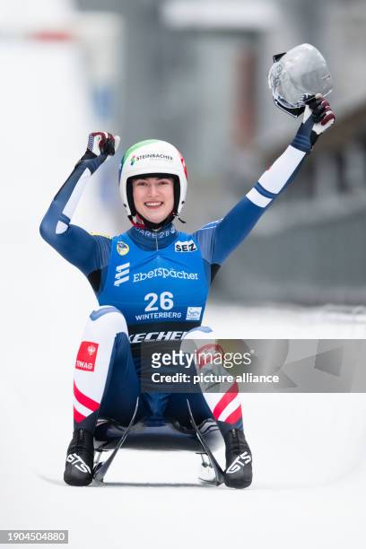 January 2024, North Rhine-Westphalia, Winterberg: Luge: World Cup: single-seater, women, 2nd run. First-placed Madeleine Egle celebrates at the...
