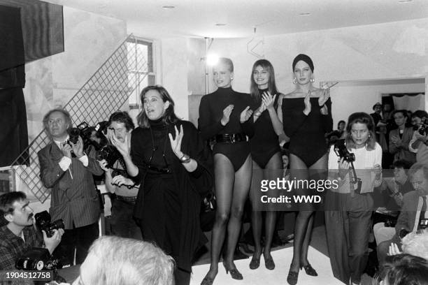 Designer Donna Karan appears at the finale of the Donna Karan Spring 1986 Ready to Wear Runway Show on November 8 in New York City.