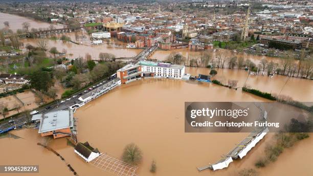 In this aerial view flooding is seen at Worcestershire County Cricket ground after the River Severn burst its banks on January 03, 2024 in Worcester,...