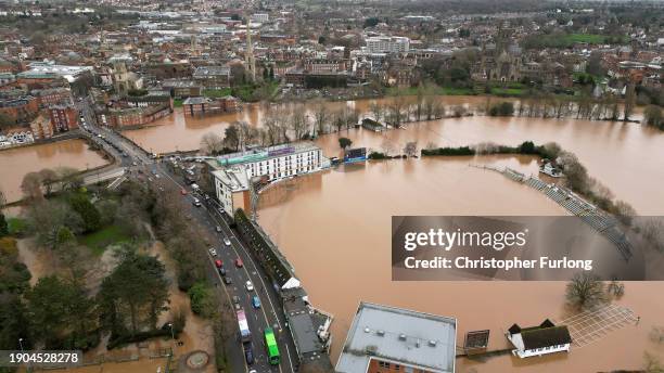 In this aerial view flooding is seen at Worcestershire County Cricket New Road ground after the River Severn burst its banks on January 03, 2024 in...