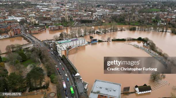 In this aerial view flooding is seen at Worcestershire County Cricket New Road ground after the River Severn burst its banks on January 03, 2024 in...