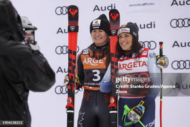 Valerie Grenier of Team Canada takes 1st place, Federica Brignone of Team Italy takes 3rd place during the Audi FIS Alpine Ski World Cup Women's...