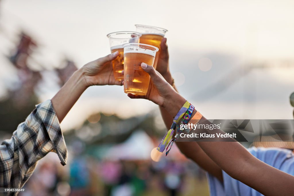 Hands of man and women toasting beer at music festival