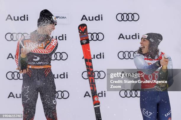 Valerie Grenier of Team Canada takes 1st place, Federica Brignone of Team Italy takes 3rd place during the Audi FIS Alpine Ski World Cup Women's...