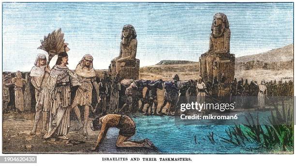 old engraved illustration of the taskmaster of the pharaoh beating the israelites - its a miracle stock pictures, royalty-free photos & images