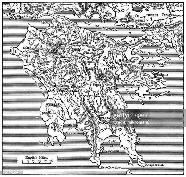 old engraved map of peloponnese peninsula in greece - corinthian stock pictures, royalty-free photos & images