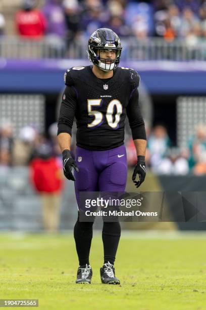 Kyle Van Noy of the Baltimore Ravens looks on during an NFL football game between the Baltimore Ravens and the Miami Dolphins at M&T Bank Stadium on...
