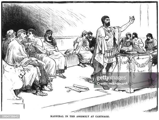 old engraved illustration of hannibal in the assembly at carthage - bad politician stock pictures, royalty-free photos & images