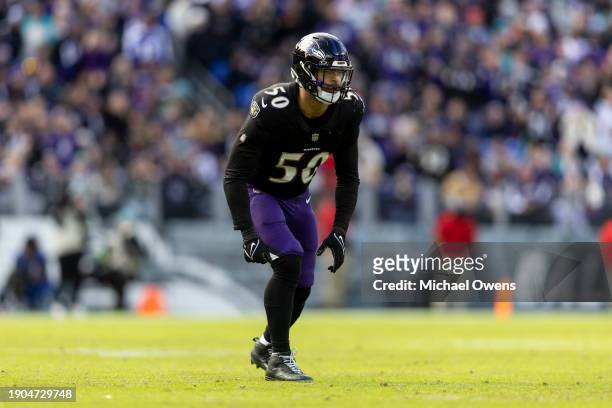 Kyle Van Noy of the Baltimore Ravens lines up during an NFL football game between the Baltimore Ravens and the Miami Dolphins at M&T Bank Stadium on...