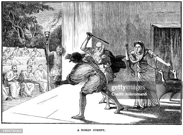 old engraved illustration of a roman comedy - disguise face stock pictures, royalty-free photos & images