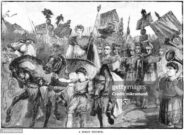 old engraved illustration of the roman triumph (triumphus) a civil ceremony and religious rite of ancient rome, held to publicly celebrate and sanctify the success of a military commander who had led roman forces to victory - military parade stock pictures, royalty-free photos & images