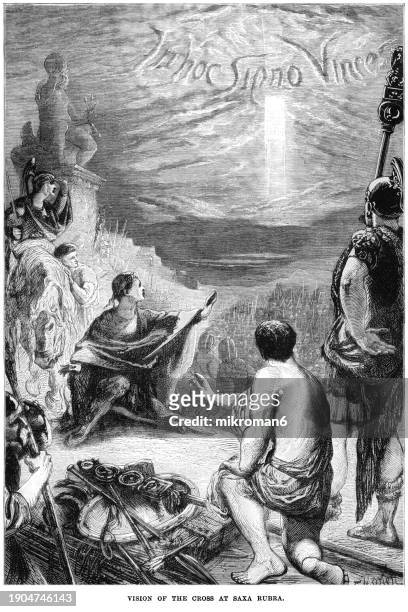 old engraved illustration of vision of the cross at saxa rubra while the battle of the milvian bridge (saxa rubra) st. constantine confronts maxentius; a cross appears in the sky with in fiery letters 'in hoc signo vinces' - its a miracle stock pictures, royalty-free photos & images
