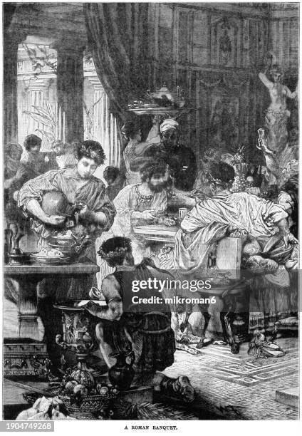 old engraved illustration of a roman banquet - ancient rome food stock pictures, royalty-free photos & images