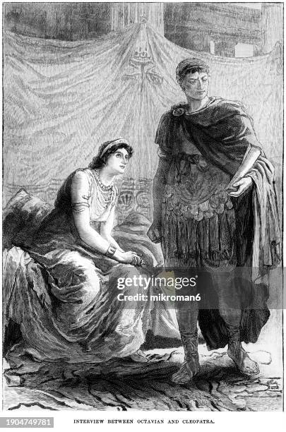 old engraved illustration of interview between caesar augustus (octavian), first roman emperor and cleopatra - augustus stock pictures, royalty-free photos & images