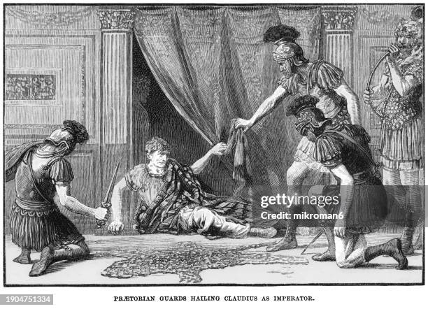 old engraved illustration of the praetorians guards hailing claudius as emperor - vintage military uniform stock pictures, royalty-free photos & images