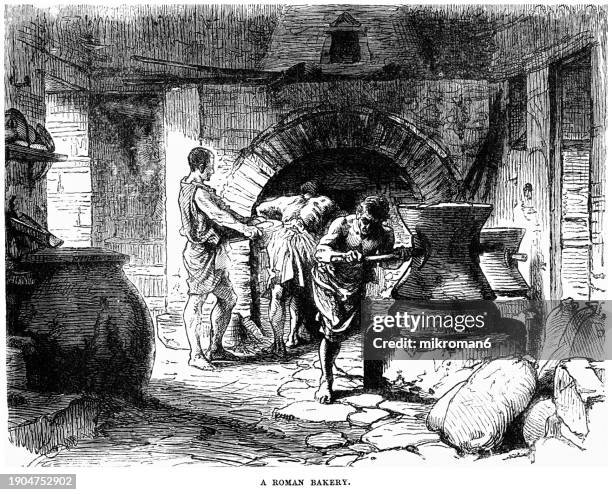 old engraved illustration of interior of a roman bakery - ancient rome food stock pictures, royalty-free photos & images