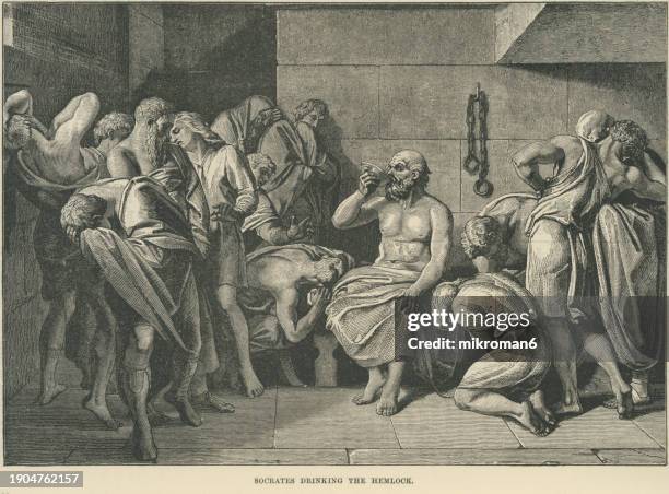 old engraved illustration of death of socrates, socrates drinking the hemlock - last hours of socrates - philosopher stock pictures, royalty-free photos & images