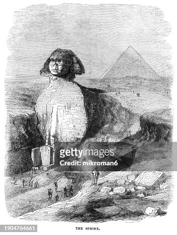 Old engraved illustration of Ancient Egyptian architecture, The Sphinx and the Pyramids of Giza