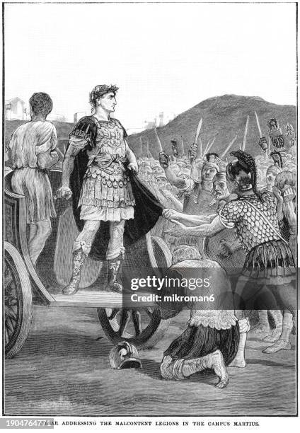 old engraved illustration of caesar addressing the malcontent legions in the campus martius - roman philosopher stock pictures, royalty-free photos & images