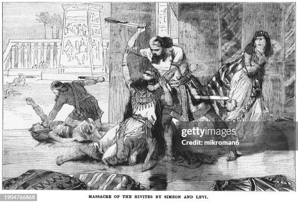 old engraved illustration of the massacre of the hivites by simeon and levi to avenge the rape of their sister dinah by shechem, son of hamor the hivite - king royal person stock pictures, royalty-free photos & images