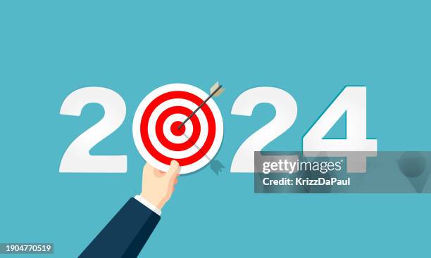 businessman showing a goal, hitting the target, shooting at goal, success, 2024 - arrows target stock illustrations