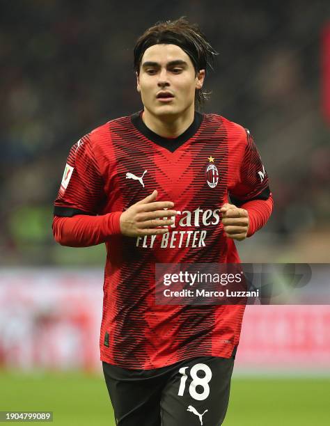 Luka Romero of AC Milan looks on during the Coppa Italia match between AC Milan and Cagliari Calcio at Stadio Giuseppe Meazza on January 02, 2024 in...