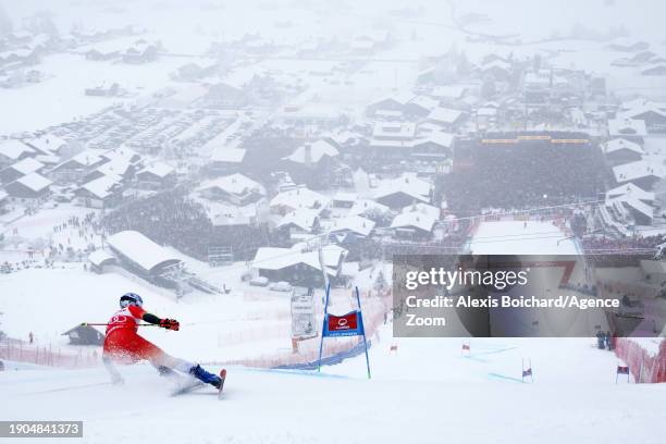 Marco Odermatt of Team Switzerland takes 1st place during the Audi FIS Alpine Ski World Cup Men's Giant Slalom on January 6, 2024 in Adelboden,...