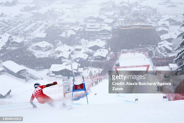 Marco Odermatt of Team Switzerland takes 1st place during the Audi FIS Alpine Ski World Cup Men's Giant Slalom on January 6, 2024 in Adelboden,...