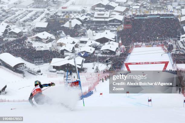 River Radamus of Team United States in action during the Audi FIS Alpine Ski World Cup Men's Giant Slalom on January 6, 2024 in Adelboden,...