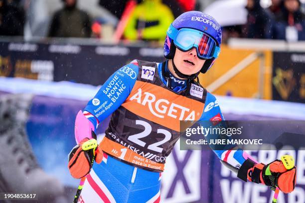 France's Clara Direz reacts in the finish area of the Giant Slalom event of the Women's FIS Alpine Skiing World Cup, in Kranjska Gora, Slovenia, on...