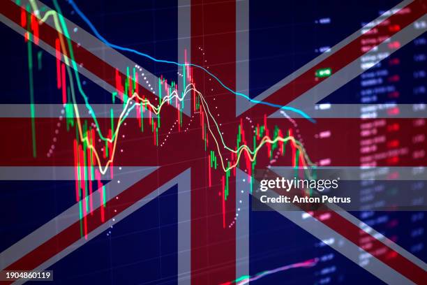 uk flag on the background of stock charts. - economic collapse stock pictures, royalty-free photos & images