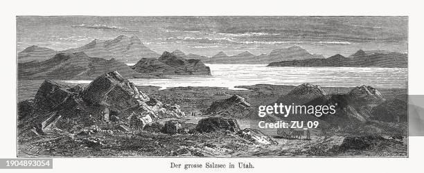 great salt lake in utah, usa, wood engraving, published 1894 - great salt lake stock illustrations