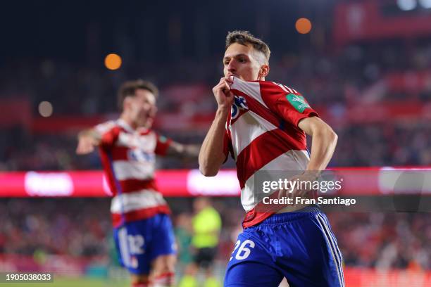 Bryan Zaragoza of Granada CF celebrates after scoring their team's second goal during the LaLiga EA Sports match between Granada CF and Cadiz CF at...