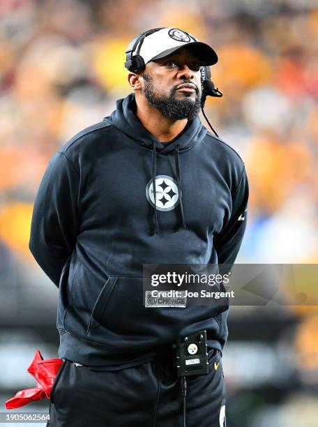 Head coach Mike Tomlin of the Pittsburgh Steelers looks on during the game against the Cincinnati Bengals at Acrisure Stadium on December 23, 2023 in...