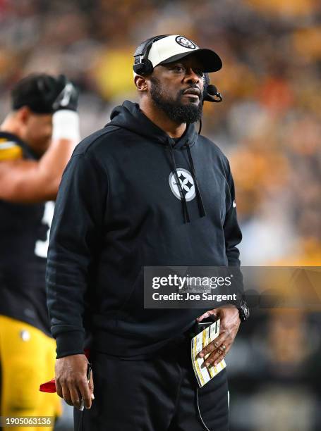 Head coach Mike Tomlin of the Pittsburgh Steelers looks on during the game against the Cincinnati Bengals at Acrisure Stadium on December 23, 2023 in...