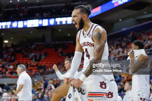 Johni Broome of the Auburn Tigers reacts to a teammates dunk during the second half against the Pennsylvania Quakers at Neville Arena on January 2,...