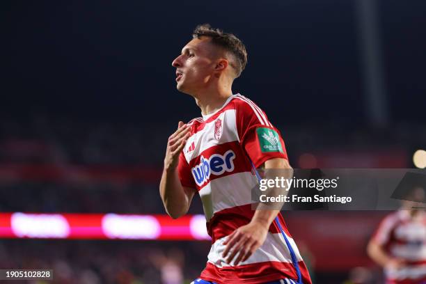 Bryan Zaragoza of Granada CF celebrates after scoring the teams second goal during the LaLiga EA Sports match between Granada CF and Cadiz CF at...