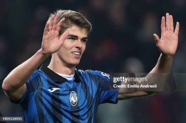 Charles De Ketelaere of Atalanta BC celebrates after scoring the team's second goal during the Coppa Italia match between Atalanta BC and US Sassuolo...