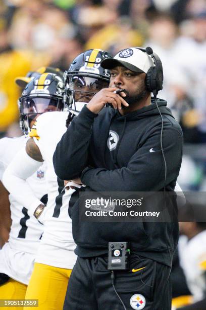 Head coach Mike Tomlin of the Pittsburgh Steelers looks on at Lumen Field on December 31, 2023 in Seattle, Washington.