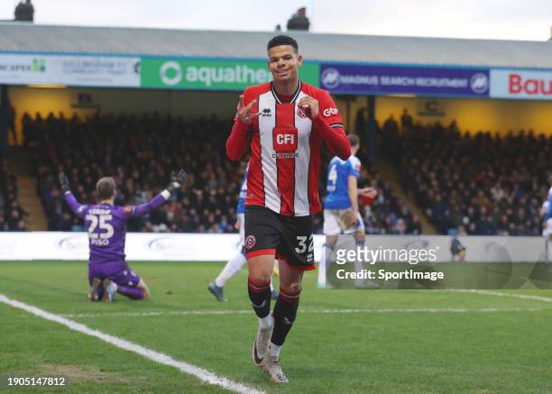 Will Osula of Sheffield United celebrates scoring his second goal during the Emirates FA Cup Third Round match between Gillingham and Sheffield...