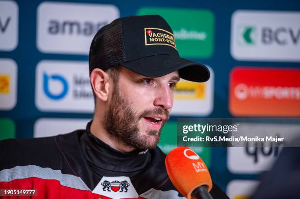 Jason Fuchs of Lausanne HC gives an interview after the Swiss National League game between Lausanne HC and EHC Biel-Bienne at Vaudoise Arena on...