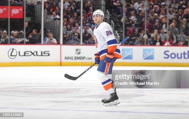 Alexander Romanov of the New York Islanders reacts to a goal against the Colorado Avalanche at Ball Arena on January 2, 2024 in Denver, Colorado.