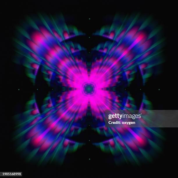 geometric abstract shape neon esoteric spirituality star retro holographic iridescent light on black background - butterfly effect stock pictures, royalty-free photos & images