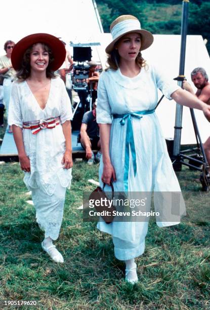 View of American actress Catherine Hicks and Theresa Russell during the filming of 'The Razor's Edge' , Los Angeles, California, 1984.