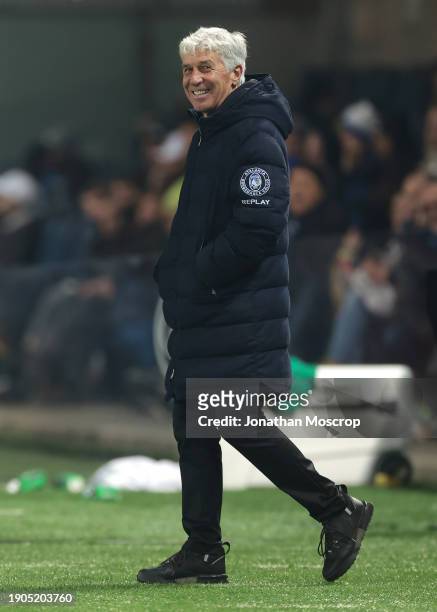 Gian Piero Gasperini Head coach of Atalanta reacts during the Coppa Italia match between Atalanta BC and US Sassuolo at Gewiss Stadium on January 03,...