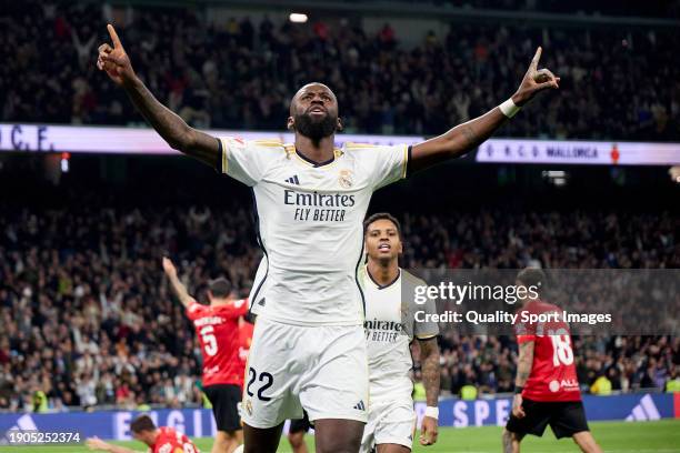 Antonio Rudiger of Real Madrid celebrates after scoring their side's first goal during the LaLiga EA Sports match between Real Madrid CF and RCD...