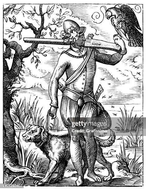 falconer hunting with falcon in the forest woodcut 16th century illustration - falconry stock illustrations